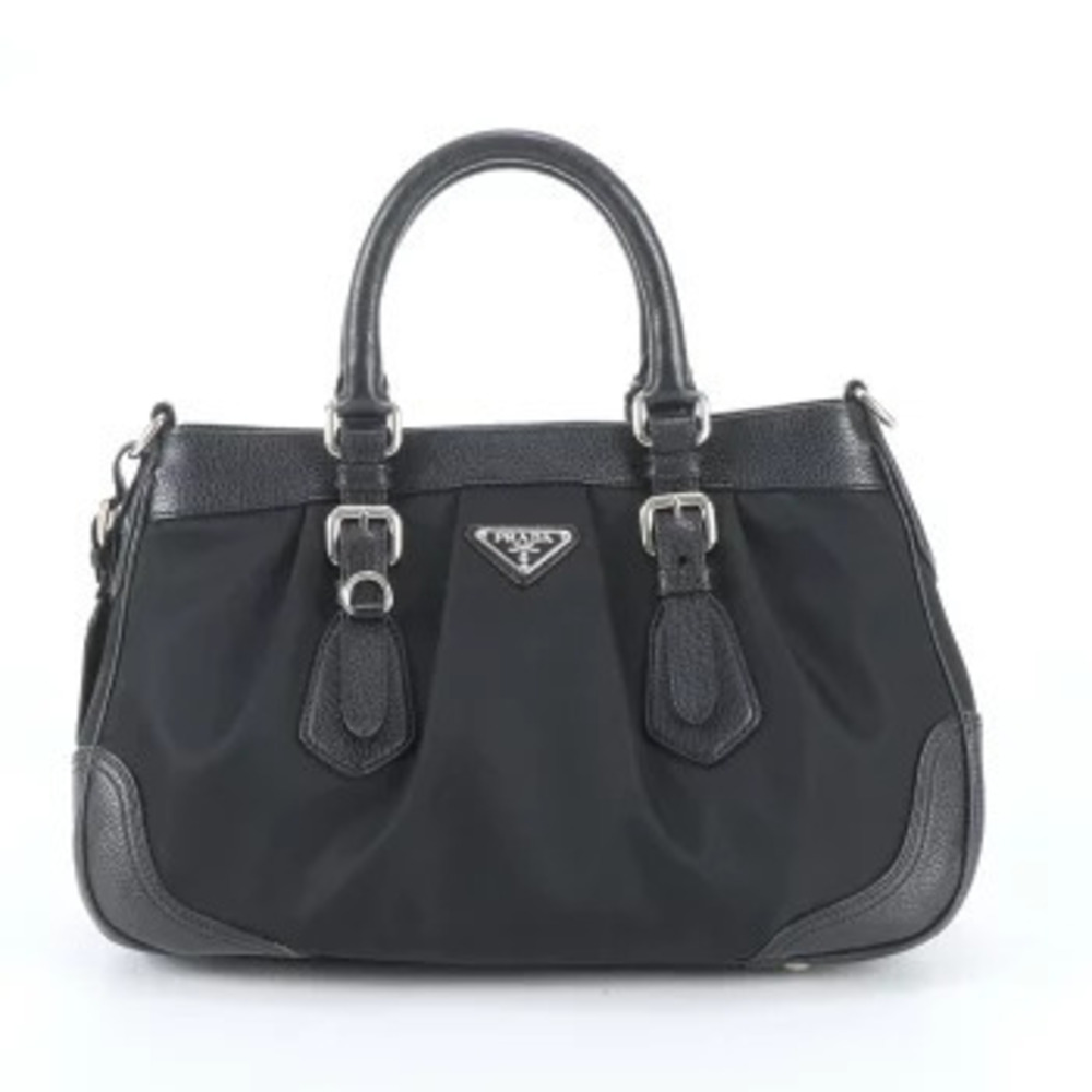 Prada Tessuto Leather Tote Bag Triangle Black